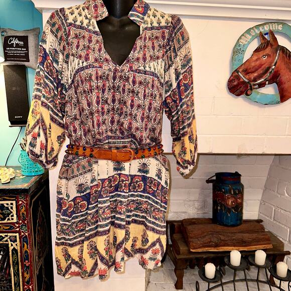 VINTAGE BOHO INDIA HIPPIE BLOCK PRINT DRESS URBAN RENEWAL - Picture 1 of 11